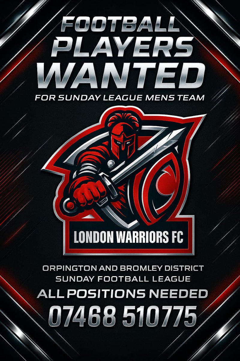 Looking for new players for the new Warriors ERA!🤩

Adiscombe Park 

🏋️ Trial/Training Sessions (July 2025)

11AM

•Sunday, July 6 – Trial Session 1
•Sunday, July 13 – Trial Session 2
•Sunday, July 20 – Trial Session 3

Contact us 📥    to attend these dates 🗓️