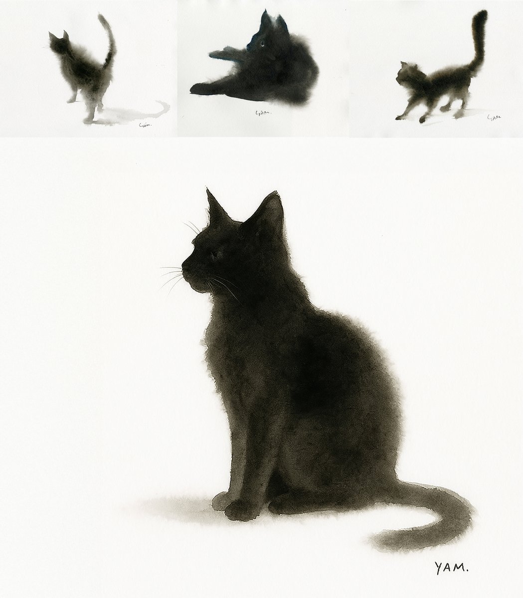 上の3枚は全て私が描いた黒猫の水彩画です。私が描いたように見える