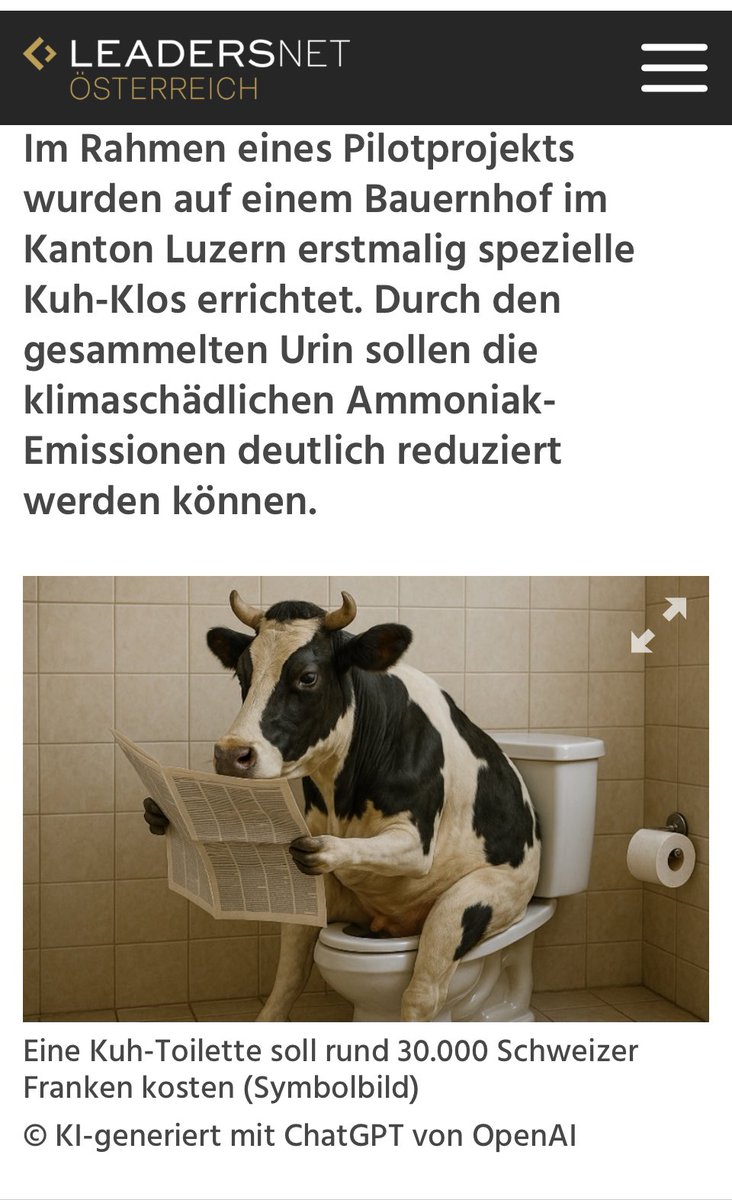 Abgesehen von diesem außergewöhnlich interessanten Projekt haben wir es hier mit einem best practise in Sachen Kennzeichnung zu tun 😂: das ist also nur ein Symbolbild (ich weiß, viele dachten, es sei echt u aktuell, stutzig macht lediglich, dass die Kuh sogar lesen kann) und KI,