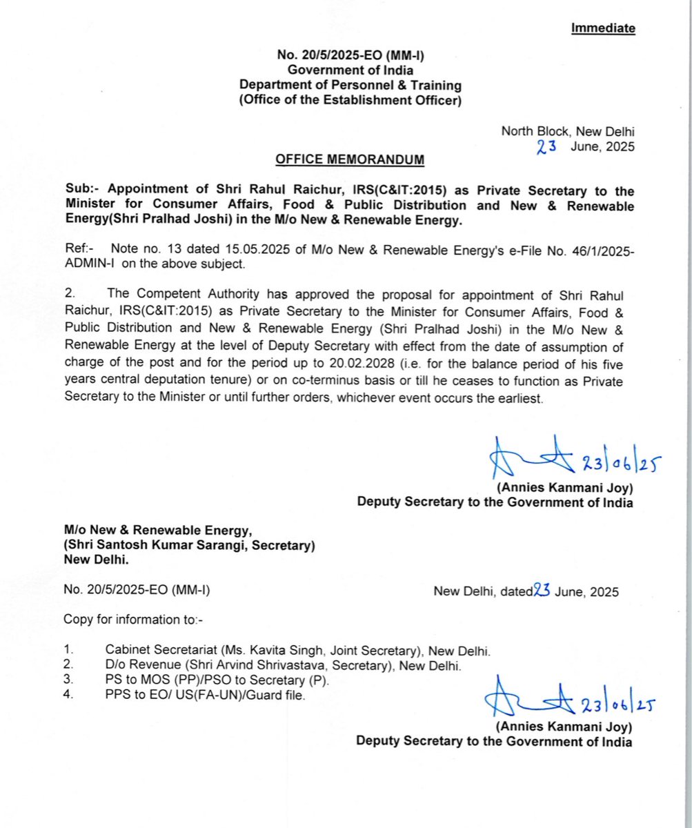 #BITransferPosting

Rahul Raichur, IRS (C&amp;IT:2015), has been appointed as Private Secretary to the Minister for Consumer Affairs, Food &amp; Public Distribution and New &amp; Renewable Energy in the Ministry of New &amp; Renewable Energy.

#transfer #posting #bureaucracy #BureaucratsIndia