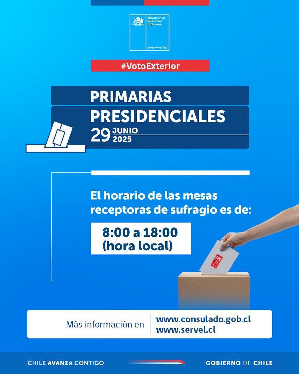 🗳️ #VotoExterior | ¡Recuerda! Este 29 de junio son las Primarias Presidenciales en Chile y en el extranjero.
El horario de votación es de 8:00 a las 18:00 hrs.
Encuentra más información en bit.ly/44dpn8O