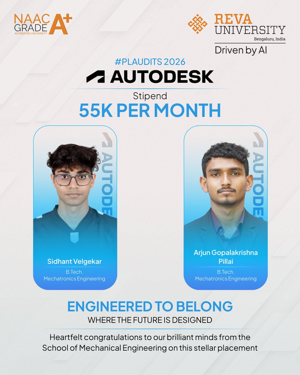 Big applause to Sidhant Velgekar and Arjun Gopalakrishna Pillai from B.Tech. Mechatronics Engineering for landing an incredible opportunity with Autodesk — with a monthly stipend of ₹55K! 

Shaping the future where design meets innovation, these young minds from