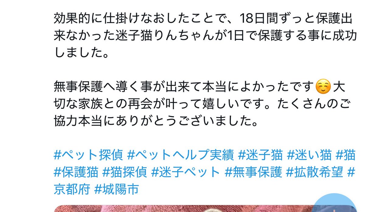 NakaimaAIUEO's tweet photo. 1日ではなく、4時間後ですね。

イブキさんのアドバイス通りに仕掛けて即結果に繋がりました。
もともと依頼していた探偵に関してお話を聞いていると、そんな内容の仕事ぶりでよくお金を請求出来るなと感心しました。
素人のワイの方がマトモに対応できる。

ペット探偵を依頼したら残念な結果になった方々がペットヘルプたどり着いてようやくまともに対応してもらえるという流れが現在のペット探偵界隈の状況です。

迷子になった大切なペットを探す我々から求めるレベルはペットヘルプさんクラスになります。

ペット探偵界隈のレベルが低すぎてペットヘルプさんの評価が上がっている。
