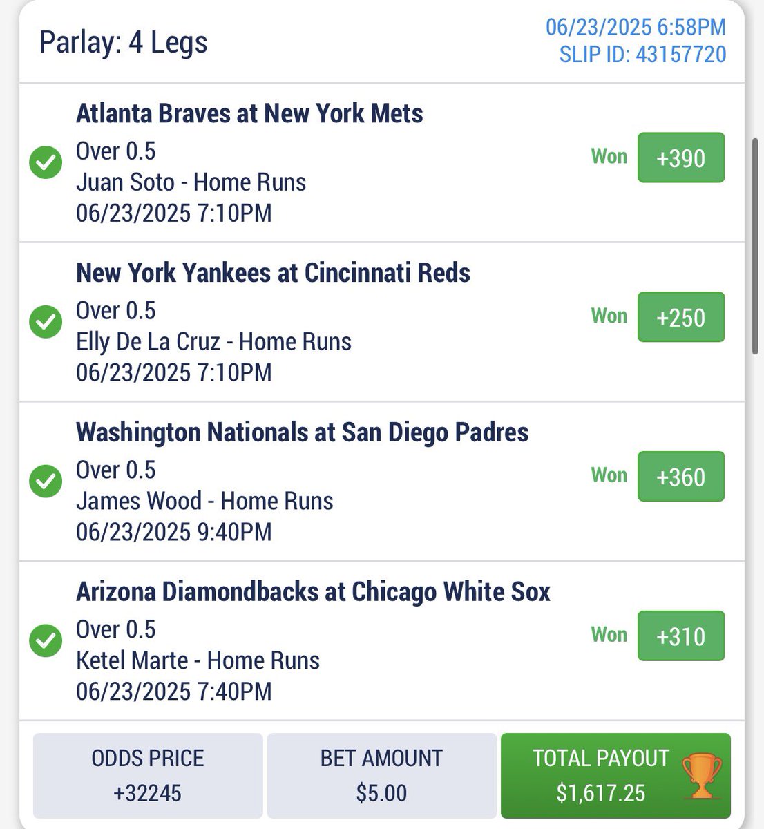 BruceBetz's tweet photo. First big hit this mlb season! #mlb #GamblingTwitter #hrparlay https://t.co/ZXNP7NZ0To