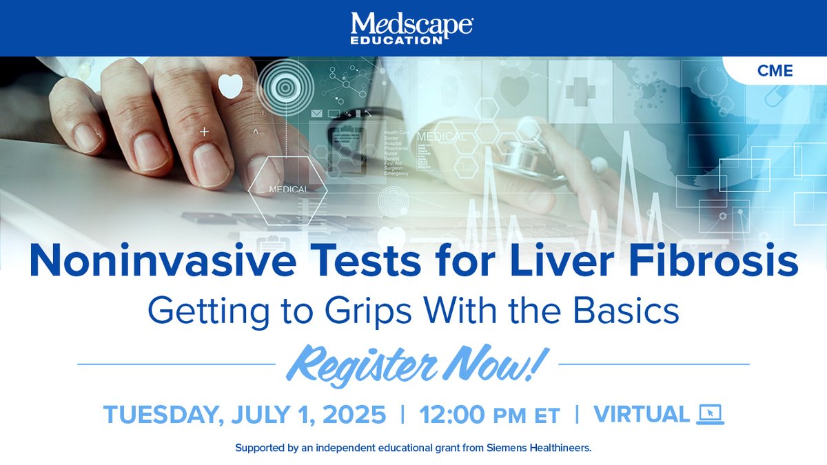 MedscapeLIVE (@medscapelive) on Twitter photo 🔬 Curious about noninvasive tests for liver fibrosis in MASH? Learn how to identify risk, interpret NIT results, and apply guideline-based care. Join <a href="/AlinaAllenMD/">Alina Allen</a> @alkhourinaim @neilskolnik 👇
ms.spr.ly/6011SxK9H 🔬 Curious about noninvasive tests for liver fibrosis in MASH? Learn how to identify risk, interpret NIT results, and apply guideline-based care. Join <a href="/AlinaAllenMD/">Alina Allen</a> @alkhourinaim @neilskolnik 👇
ms.spr.ly/6011SxK9H