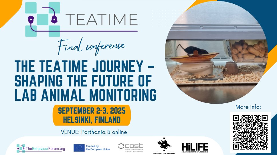 COST_TEATIME's tweet image. Our next stop - and final - the Final conference in Helsinki, right after summer holidays.
More info at:
cost-teatime.org/events/the-tea…
#animalresearch #behavior #monitoring #metabolism #mouse #conference @COSTprogramme #datamanagement #AI #technology #science #AnimalWelfare