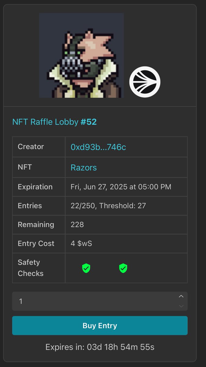 Still a chance to win Razor Bane for just
4 $WS an entry!🔥🔥

Get in there 😈

games.ruggiespizza.com/nft-raffle/0x9…

$S