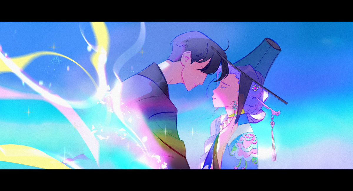 galaxyspeaking's tweet image. Another concept for Jinu and Rumi’s ending (colors based on Charles Hilton’s color keys!) 🩵💛🩷#KPOPDEMONHUNTERS #jinumi #rujinu
