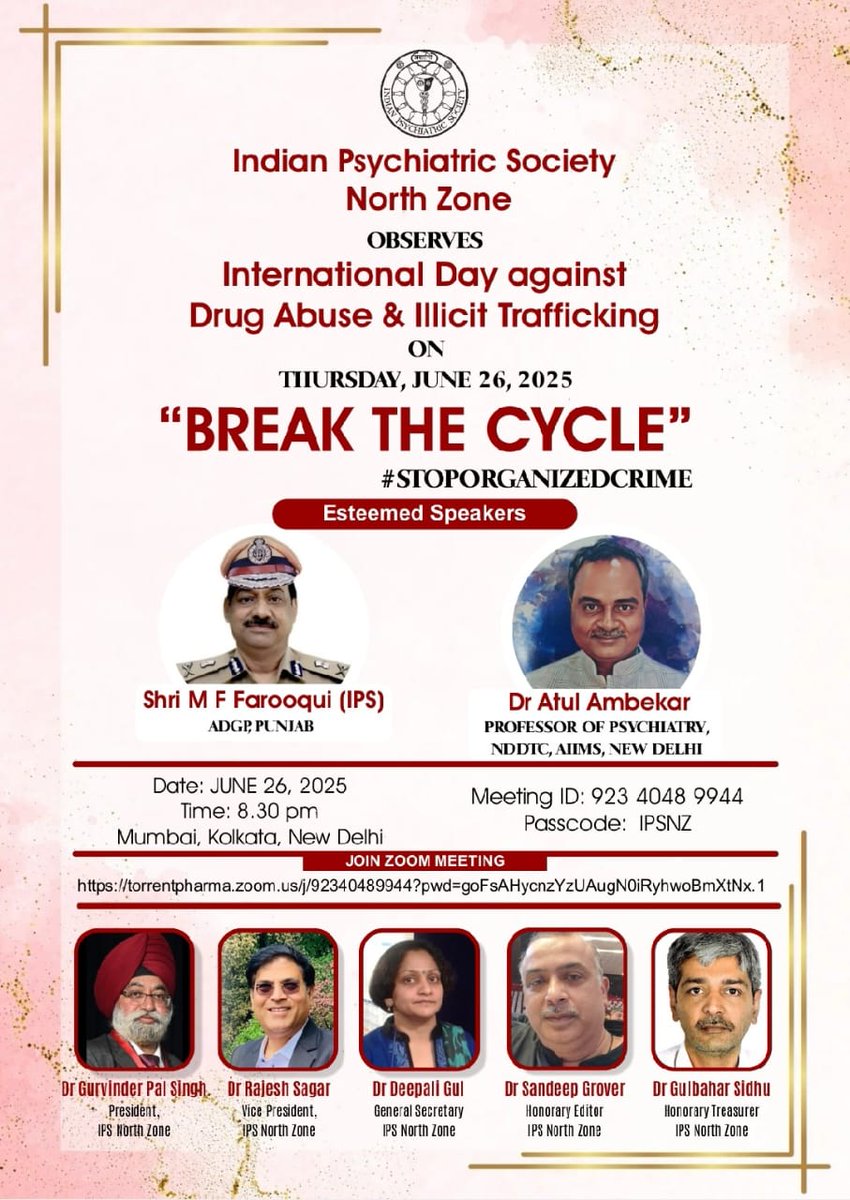 Looking forward to speak in the webinar on the occasion of International drugs day, 26 June, by Indian Psychiatric Society - North zone. This year the theme includes both facets of drug control: #stoporganizedcrime &amp; #investinprevention.