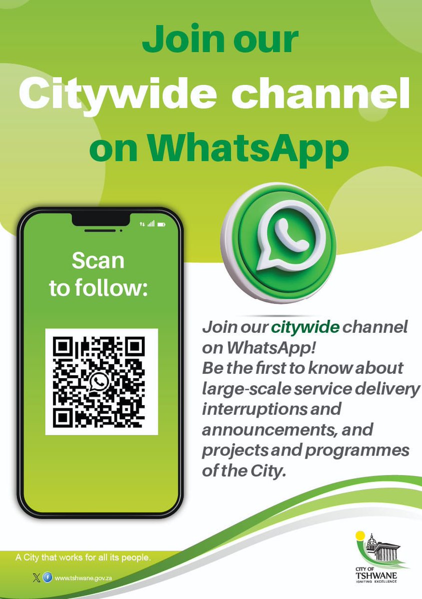 CityTshwane's tweet image. Join our WhatsApp channel to get the latest service delivery updates on your fingertips.
whatsapp.com/channel/0029Vb…