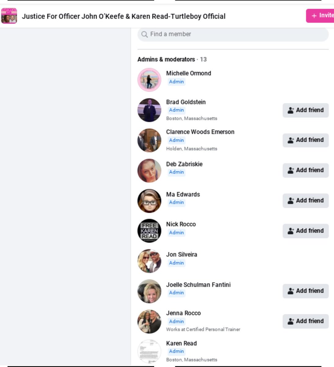 The Aidan Kearney Facebook group which ran illegal raffles to support Karen Read's defense fund and platformed abusive posts against the witnesses and John O'Keefe's family and friends has been suspended for their torment and abuse. 

Take a close look at the administrators and