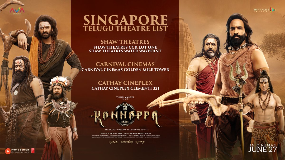 Home Screen Entertainment (@homescreenent) on Twitter photo Singapore, the myth unfolds on the big screen! 🎥
#Kanappa releases in cinemas from June 27.
Check the full theatre list below and book your tickets now! 🙏🔥
Har Har Mahadev 🔱
Har Ghar Mahadev 🔥
#Kannappa27thJune #KannappaMovie #HarHarMahadevॐ
<a href="/themohanbabu/">Mohan Babu M</a> <a href="/iVishnuManchu/">Vishnu Manchu</a> Singapore, the myth unfolds on the big screen! 🎥
#Kanappa releases in cinemas from June 27.
Check the full theatre list below and book your tickets now! 🙏🔥
Har Har Mahadev 🔱
Har Ghar Mahadev 🔥
#Kannappa27thJune #KannappaMovie #HarHarMahadevॐ
<a href="/themohanbabu/">Mohan Babu M</a> <a href="/iVishnuManchu/">Vishnu Manchu</a>