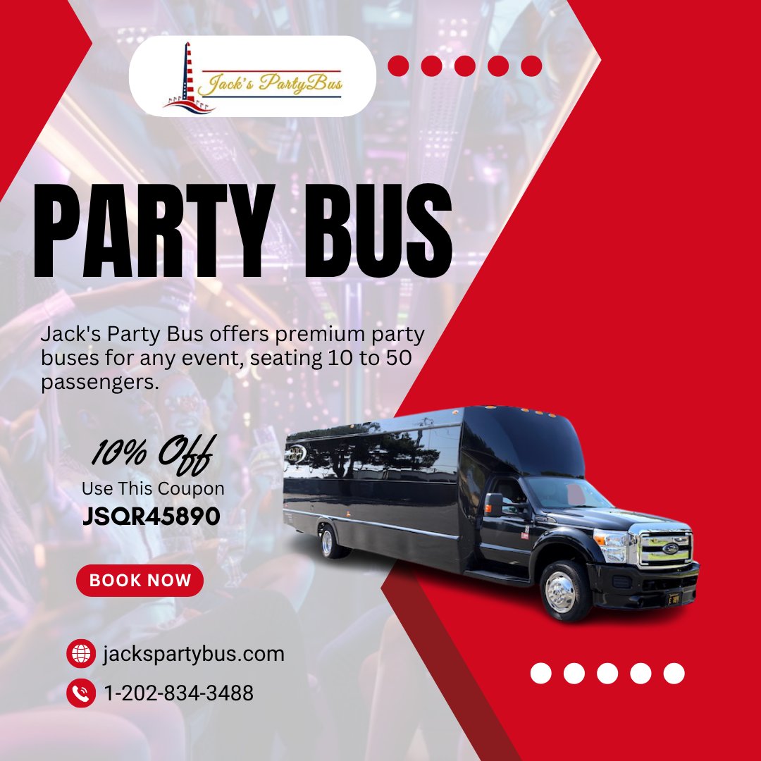 JacksPartyBus2's tweet photo. Party Time Just Got Better! 
Hop on board with Jack’s Party Bus and enjoy the ride with 10% OFF your booking! 
Use Coupon Code: JSQR45890 at checkout and let the good times roll! 
https://t.co/vqcnq5GFDk
1-202-834-3488
#JacksPartyBus #PartyBusDeals #10PercentOff #CouponCode https://t.co/QugpNO2l3m
