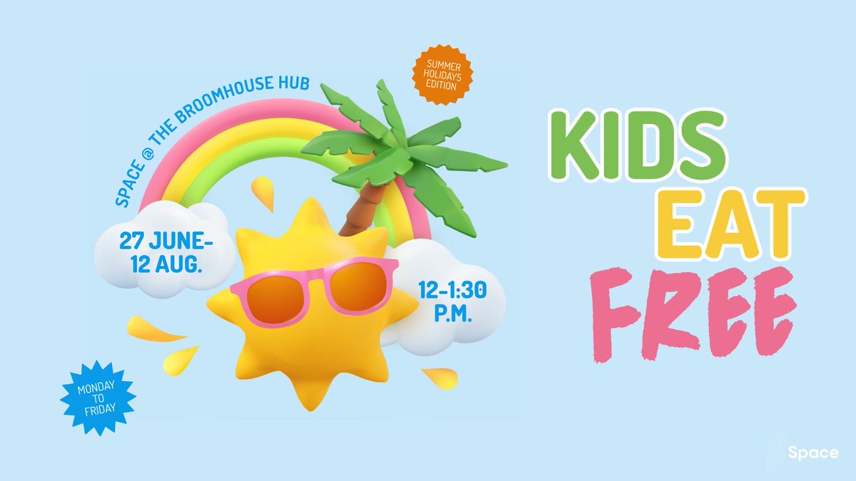 Space at The Broomhouse Hub (@spacebroomhouse) on Twitter photo KIDS EAT FREE: SCHOOL HOLIDAYS EDITION!
Swing by <a href="/SpaceBroomhouse/">Space at The Broomhouse Hub</a> this summer (27 June-12 Aug.) for a no-cost meal from our fab <a href="/CoorieFood/">Coorie Food</a> cafe team.
No voucher or pre-booking necessary. Just come in, pick your favourite food from the board, & enjoy.
#FreeMeal #KidsEatFree KIDS EAT FREE: SCHOOL HOLIDAYS EDITION!
Swing by <a href="/SpaceBroomhouse/">Space at The Broomhouse Hub</a> this summer (27 June-12 Aug.) for a no-cost meal from our fab <a href="/CoorieFood/">Coorie Food</a> cafe team.
No voucher or pre-booking necessary. Just come in, pick your favourite food from the board, & enjoy.
#FreeMeal #KidsEatFree