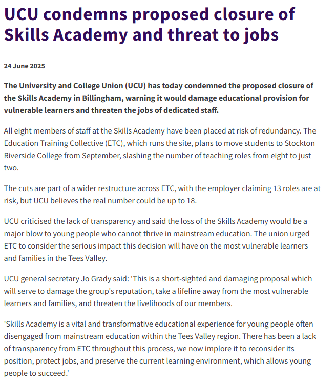 ETCbranchUCU's tweet image. 🚨🚨🚨Stop the closure. 🚨🚨🚨
"The school's website says its offering at Billingham is "a great place to learn for those who don't feel quite ready for a larger college environment".
So what changed?
#EducationForAll #AlternativeProvision #fenews
@ucu @UCUNorthern @DrJoGrady