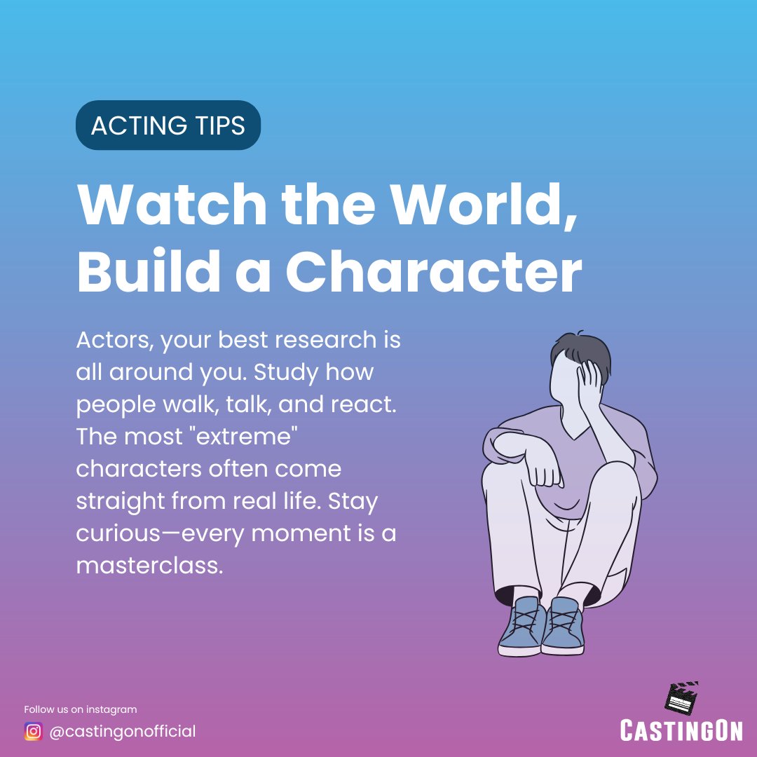 CastingOnX's tweet photo. ๐ญ#ActingTip: People-Watch!
Want to level up your performance? Spend time observing strangersโon the train, in a cafรฉ, or at the park.
.
๐ญ Get real-time casting calls & auditions delivered daily.
๐ Tap here to sign up: https://t.co/3cdSXBw38x
Lights. Camera. You. ๐ฅ
#casting https://t.co/MmZFiiOk1d
