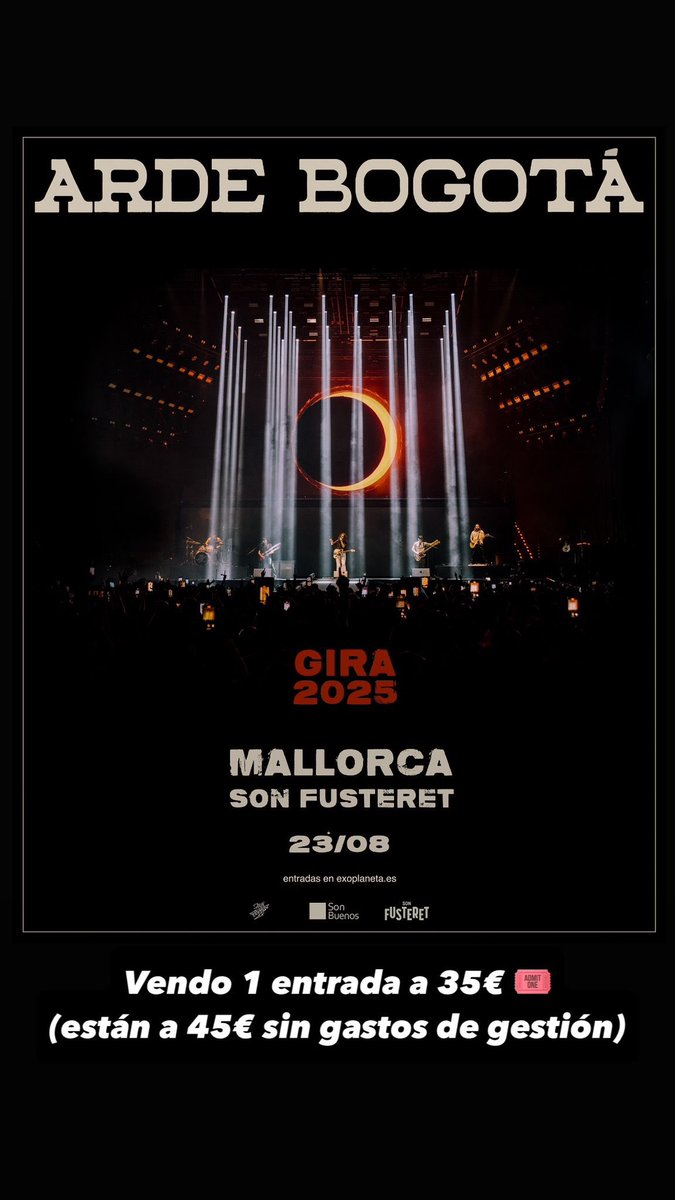 veracarreres's tweet photo. Holaa!! Vendo 1 entrada para ver Arde Bogotá a 35€ (están a 45€ sin gastos de gestión) 
#ardebogota #mallorca #concierto https://t.co/o1TFCZYToz