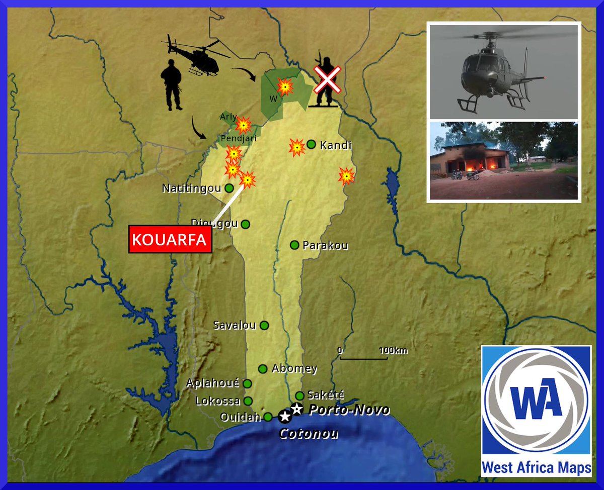 Wamaps_news's tweet photo. #Bénin 🇧🇯| Durant le mois de juin 2025 de nombreux postes de sécurité dans les régions Nord du Bénin ont fait l’objet d’attaques de groupes armés terroristes du #JNIM.
🔹 Le 03/06, des terroristes ont attaqué le commissariat de #Tanguiéta (#Atakora).
🔴Le bilan fait état de 8 morts (6 militaires et deux policiers).
🔹 Le 04/06, le commissariat de #Tanongou ou #Tanougou (#Atakora) a été attaqué .
Le #JNIM a rapidement revendiqué cette attaque.
🔴 Le bilan fait état de cinq morts, dont deux policiers et trois militaires.
🔹 Le 12/06, le JNIM a attaqué un poste de contrôle militaire à #Basso (#Borgou), à proximité de la frontière avec le Nigéria 🇳🇬 où seulement du matériel a été saisi.
🔹 Le 16/06, dans la nuit vers 23h, des terroristes ont attaqué le commissariat de #Sonsoro, dans la localité de #Kandi.
🟠 Des dégâts matériels signalés mais pas de perte humaines.
Plusieurs motos ont été volées.
🔹 Dernièrement, dans la nuit du 18 au 19/06, des terroristes ont attaqué un bureau de commissariat provisoire dans le district de #Kouarfa (#Atakora) qui a été incendié et entièrement détruit.
🟠 Une école primaire a également été détruite sans faire de victime non plus, au vu de l’horaire.
🔹 Après l'attaque, un hélicoptère #H125M des forces armées béninoises (#FAB) ainsi que des troupes au sol se sont rendus sur place.
Ces derniers opéraient dans les "W-Arly-Pendjari Park" (#WAP) parcs du nord du pays, transfrontaliers avec le #BurkinaFaso 🇧🇫 et le #Niger 🇳🇪.
🔹 Cette offensive de grande envergure a ainsi permis la destruction de trois sites terroristes aux alentours du point triple et la neutralisation de plusieurs terroristes.
🔴 Aucune perte n'a été signalée au sein des FAB.
🚁Ces H125M ont été acquis par les FAB en 2023.
Depuis 2022, les FAB ont mis en place l'Opération anti-terroriste "#Mirador", pour contrer la menace terroriste et sécuriser ses frontières dans le nord du pays, sous les ordres du colonel André Dokoui Fofo, nommé début juin 2025 (📷 ci-dessous).
🔹 Enfin, dans la nuit du 19 au 20/06, des terroristes ont attaqué le poste de douane de #Bodjecali (#Atakora), à la frontière du Niger.
🔴 Deux personnes ont été blessées et de nombreux dégâts matériels ont été signalés.
🔸Indépendamment ces attaques restent «minimes », et toutes n’ont pas été officiellement revendiquées par le JNIM.
🔸Néanmoins, misent bout à bout, elles reflètent la pression constante et croissante que ces région subissent du fait qu’elles soient frontalières du Burkina Faso, du Niger et du #Nigéria où l’expansion du JNIM se fait de plus en plus remarquer.