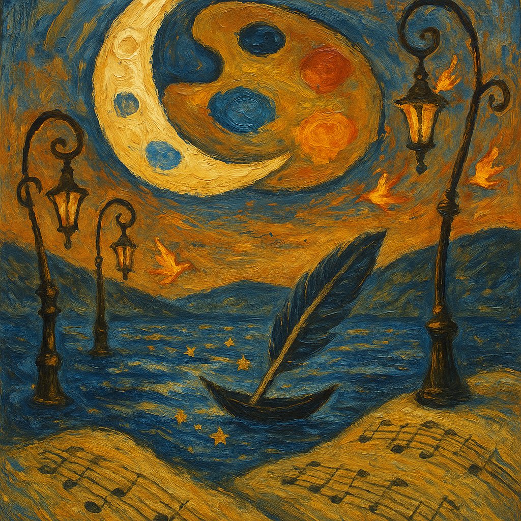 n450s's tweet photo. π¨ Moon Palette Reverie | 24-06-2025
~ te5t | (2nd AOTD)
#MoonPalette #CrescentArt #AbstractDreams #PhoenixFlames #IndigoRipples #FeatherBoat #MidsummerDusk #ArtisticWhimsy
#art #digitalart #aiart #artoftheday #aotd #n450s https://t.co/Lcmzy6cwDT