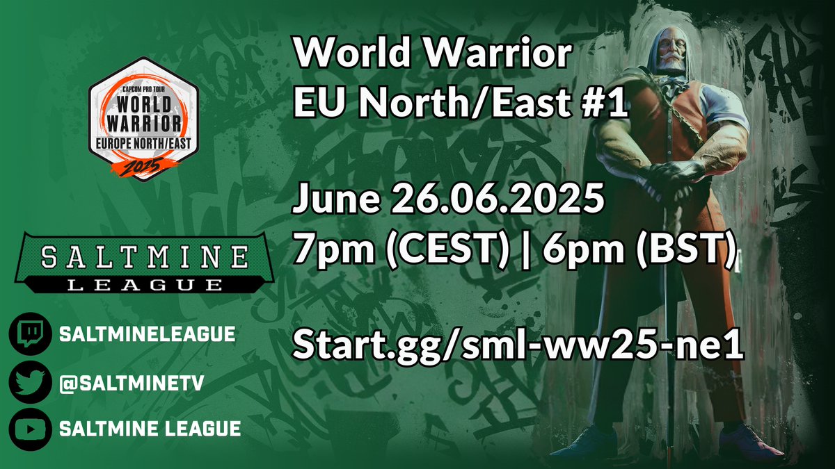 Only 2 Days left to sign-up for the first #StreetFighter6 #CPTWW2025 #SML "Europe North/East" Tournament!  #FGC #SF6 

Registration closes: 26.06.2025, 12pm (CEST) 

Tournament start: 26.06.2025, 7pm (CEST)  

Sign-Up: start.gg/ww25-sml-ne1
Discord: discord.gg/MvNmKhX
