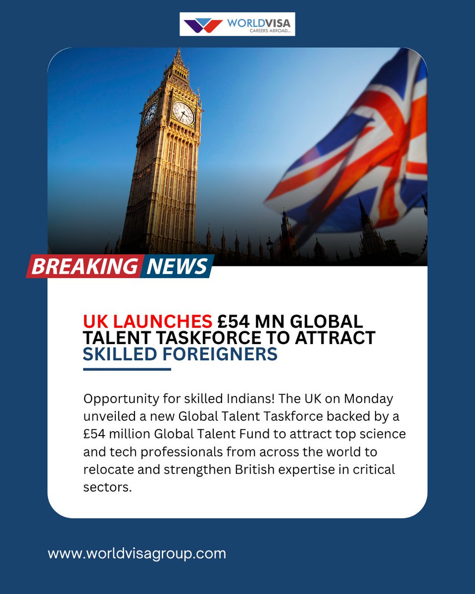 teamworldvisa's tweet photo. 📢 UK is Calling Skilled Talent!
The UK launches a £54 million Global Talent Taskforce to attract top professionals from around the world – including India!
Opportunities for scientists, tech experts, entrepreneurs, and engineers to relocate and grow in the UK.
#uknews https://t.co/kHcMd3GRlr