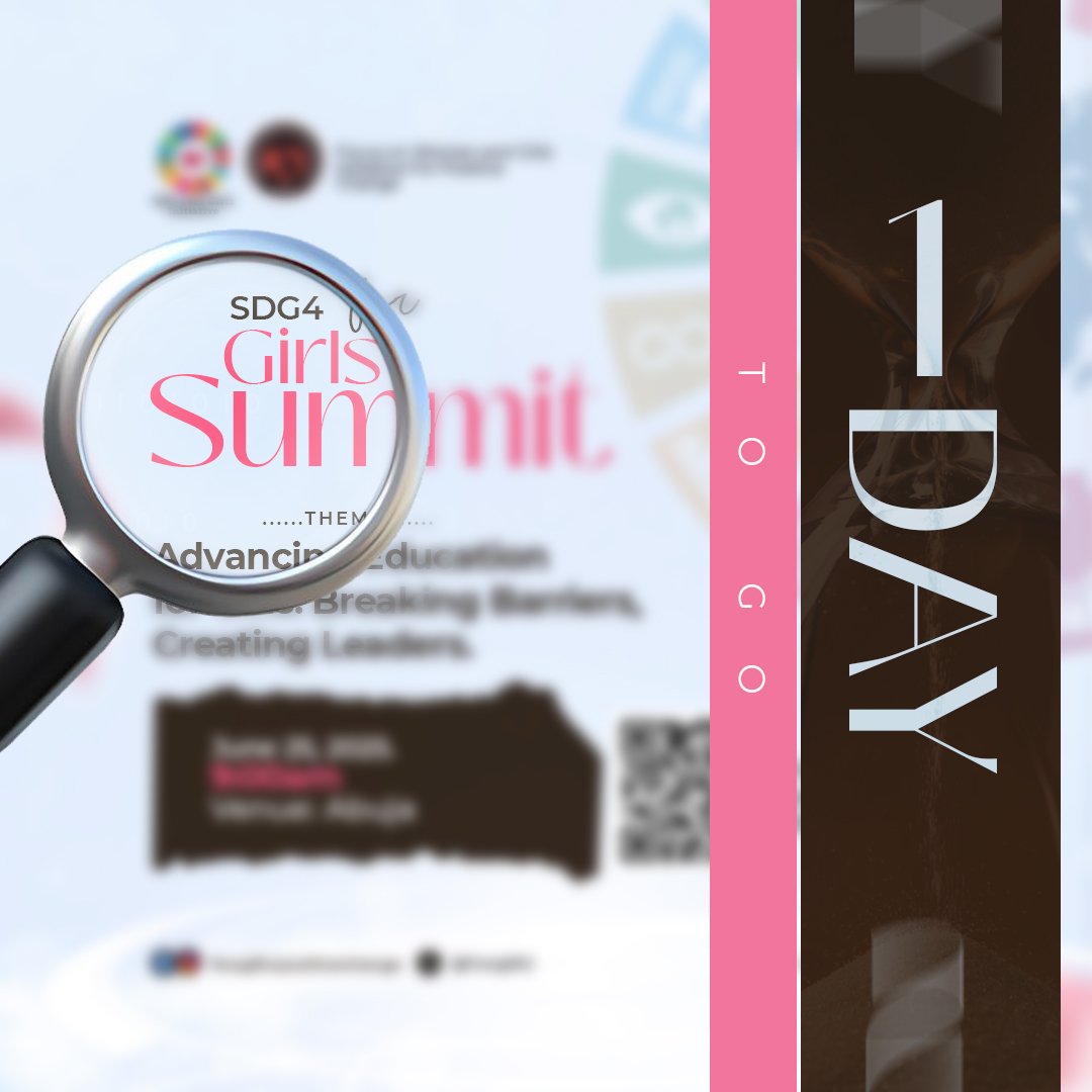 Just 1 Day to Go!

Date: June 25, 2025
Time: 9:00 AM
Venue: Abuja

Theme: Advancing Education for Girls: Breaking Barriers, Creating Leaders

#SDG4ForGirls #GirlsEducation #GirlsLeadership #2DaysToGo #FOWGI #GirlsSummit2025 #AbujaEvents