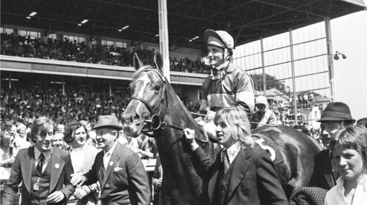 Grundy (Pat Eddery) returns after capturing his third classic of the season with a 2 length defeat of King Pellinore in the 1975 Irish Derby. Upon retirement, Grundy had amassed career earnings of £326,421, a record for a horse trained in the British Isles.