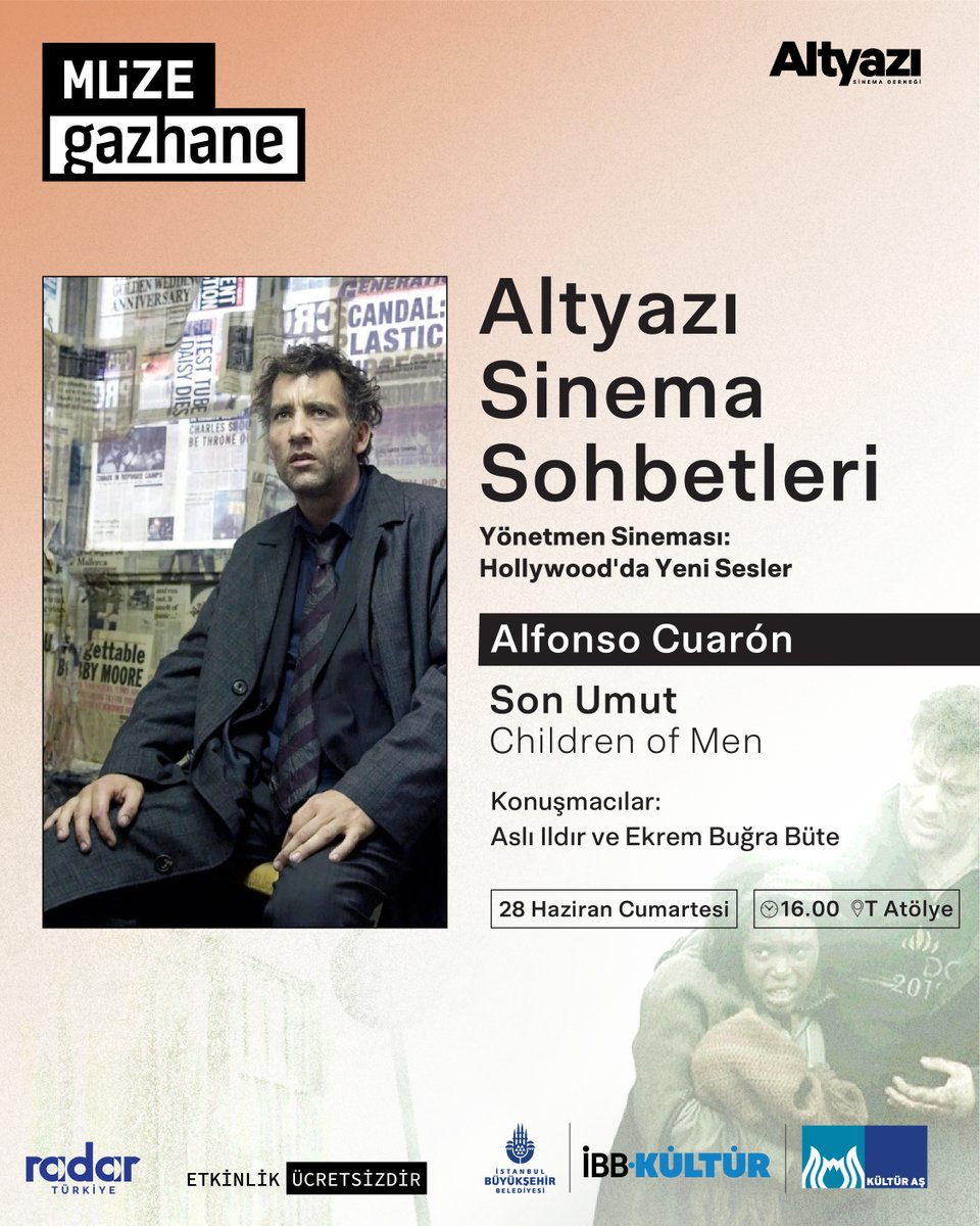 altyazidergisi's tweet image. Altyazı Sinema Derneği’nin @MuzeGazhane’yle ortaklaşa düzenlediği ‘Altyazı Sinema Sohbetleri’ devam ediyor. 

Bu haftanın programında Alfonso Cuarón’un bilimkurgu türündeki filmi ‘Son Umut’ yer alıyor. 

Detaylar için: altyazi.net/haberler/altya…