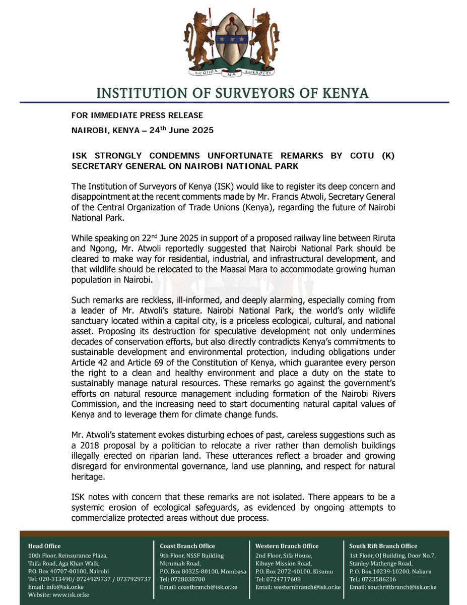 isk_kenya's tweet photo. The Institution of Surveyors of Kenya (ISK) Press Statement on the unfortunate remarks by the Central Organization of Trade Unions  (Kenya) Secretary General Mr. Francis Atwoli regarding the future of Nairobi National Park.
#ISK #PressStatement https://t.co/X7fMX4lzmG