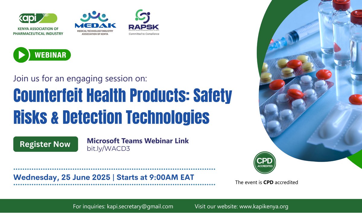 Join us for the final webinar series in commemoration of the World Anti-Counterfeit Day:

Webinar Topic: Counterfeit Health Products: Safety Risks &amp; Detection Technologies

🗓️ Date: June 25th, 2025
🕘 Time: 9:00 AM (EAT)
🔗 Registration Link: bit.ly/WACD3