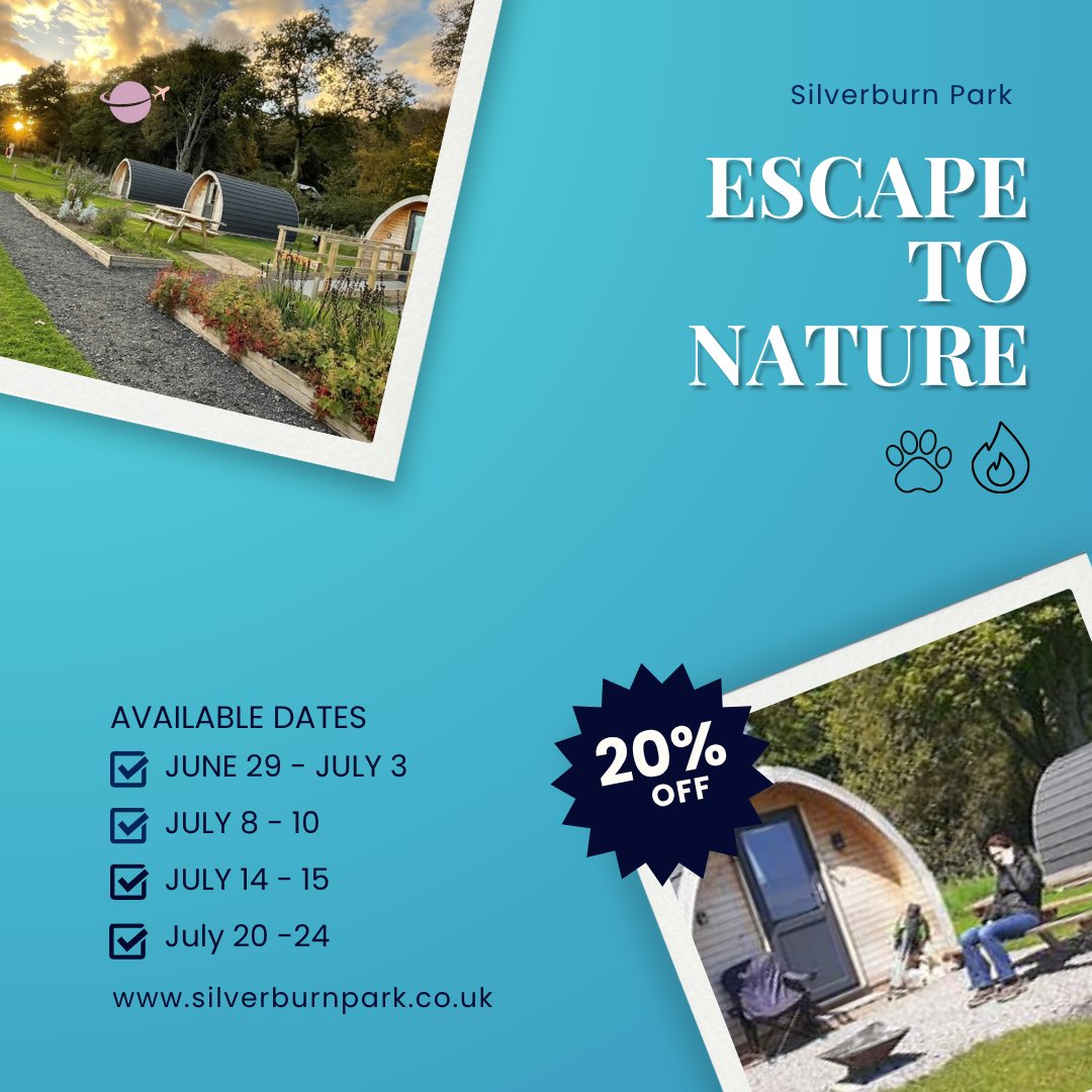 Book 3 consecutive nights on the dates below this summer and a 20% will be automatically applied to your booking! 
Check all availability at silverburnpark.co.uk/camping and escape to nature with us this summer 🌲🏕️🏞️