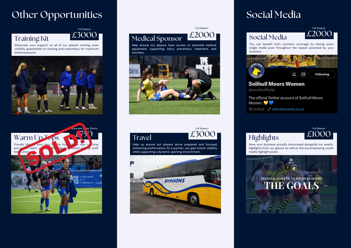 Solihull Moors Women (@smwfcofficial) on Twitter photo 📣 Sponsorships now open for the 2025/26 Solihull Moors Women! ⚽️
Back the team on & off the pitch—shirt deals, social media packages & player support available.
Be part of something meaningful 💛💙
📩 jordan.murphy@solihullmoorsfc.co.uk for info. 📣 Sponsorships now open for the 2025/26 Solihull Moors Women! ⚽️
Back the team on & off the pitch—shirt deals, social media packages & player support available.
Be part of something meaningful 💛💙
📩 jordan.murphy@solihullmoorsfc.co.uk for info.