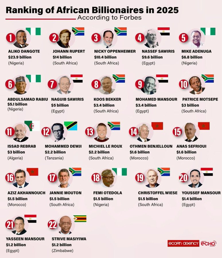 Aliko Dangote leads Africa’s richest list with $23.9B, followed by South Africa’s Johann Rupert ($14B) and Nicky Oppenheimer ($10.4B). 

Most are from Nigeria, South Africa, and Egypt. 

(No Kenyan made the top 22, according to Forbes 2025).