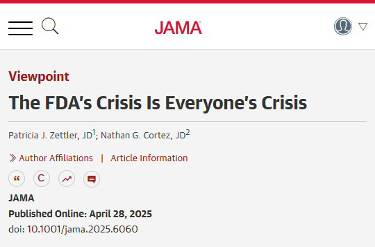 JAMA_current's tweet photo. "It is not too soon to know that the FDA is in crisis." 

This Viewpoint discusses the Trump administration's firing of nearly 20% of FDA employees and the ramifications of those actions. 

https://t.co/KUrHUcU5Ee https://t.co/fKlyfkXXDj