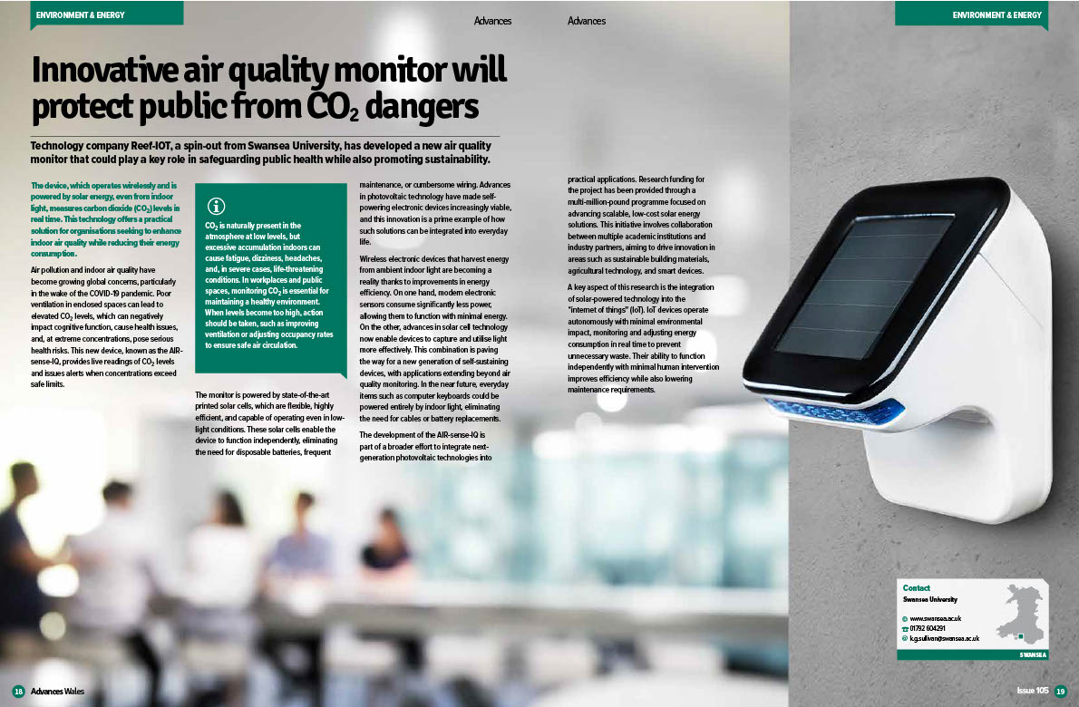 Technology company Reef-IOT, a spin-out from Swansea University, has developed a new air quality monitor that could play a key role in safeguarding public health while also promoting sustainability. Discover more in Advances Wales: ow.ly/h1vk50VZRHY