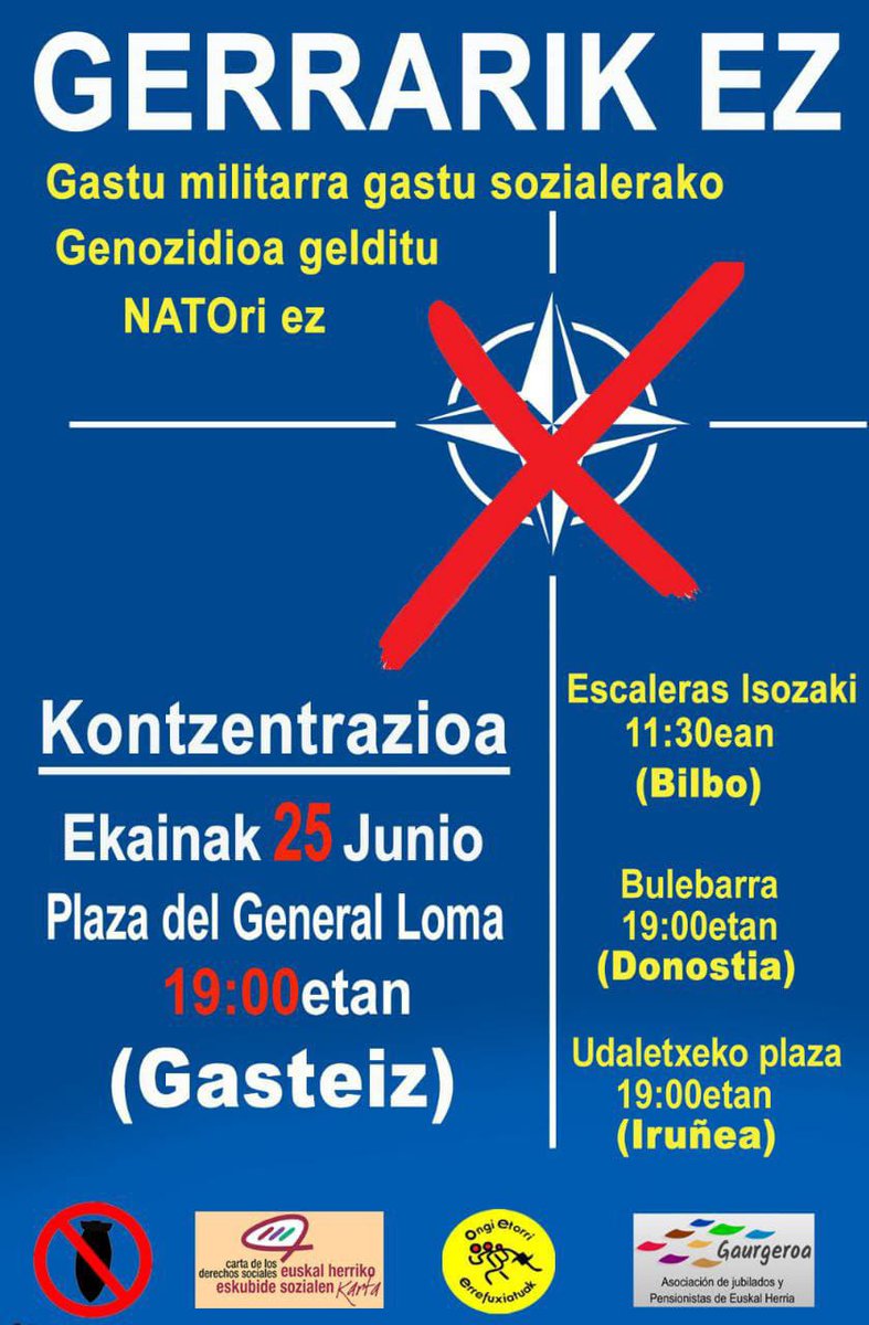 Hori ez da portzentajeen kontua, bake-politika bat eraikitzearena baizik.

Ekainaren 25ean hiru euskal hiriburuetan gerraren aurka egingo diren elkarretaratzeak babestuko ditugu.