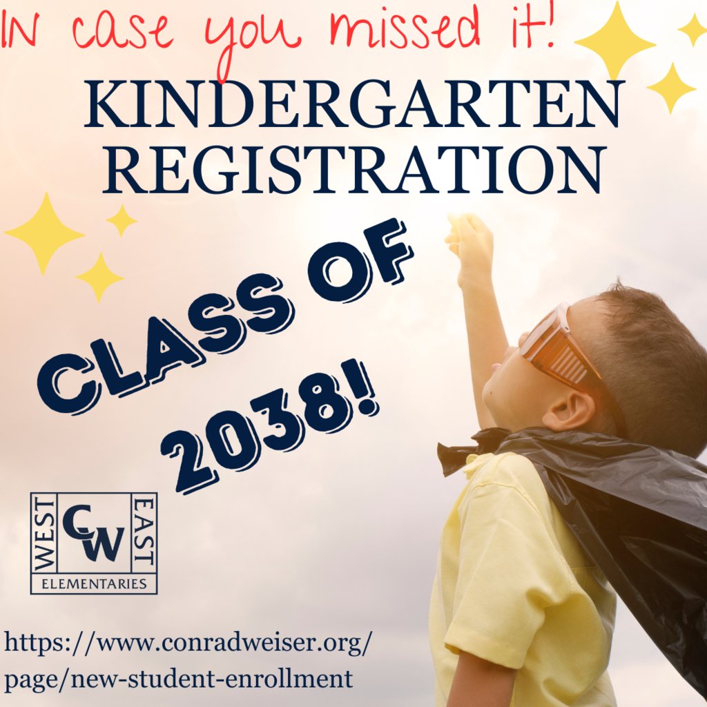 📣 In Case You Missed It!
Kindergarten Registration for the Class of 2038 is still open!

If you haven’t registered your child yet, you can do so online at:
🔗 conradweiser.org/page/new-stude…

We can’t wait to welcome our newest Scouts! 🎒📚✨
#WeAreWeiser