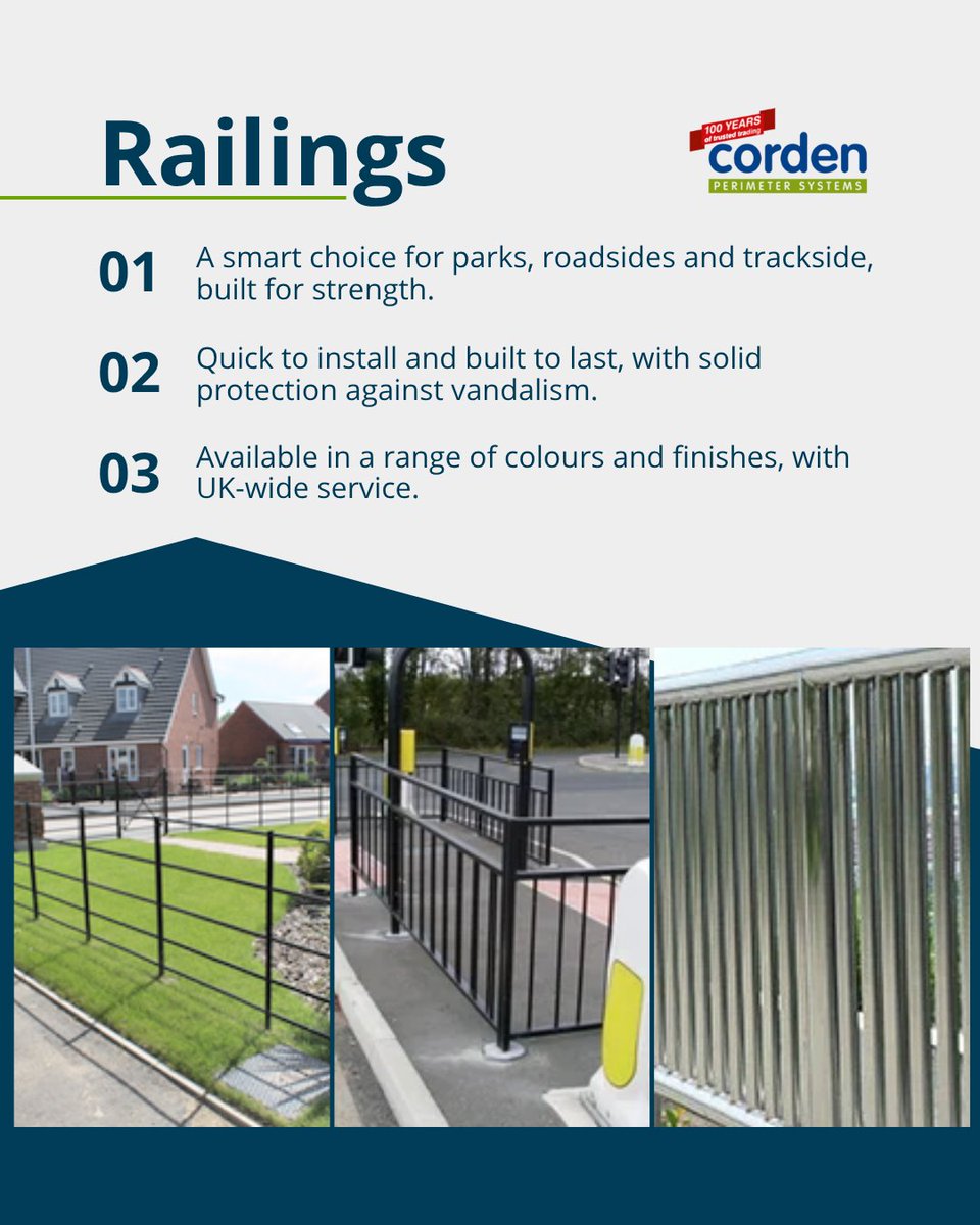 Strong, smart and made to last 💪 

Our #MetalRailings are ideal for parks, roadsides, schools &amp; more. 

Fast to fit, tidy in appearance &amp; built for security.

See more 👉 bit.ly/497nniY 

 #Railings #FencingSolutions #UKMfg