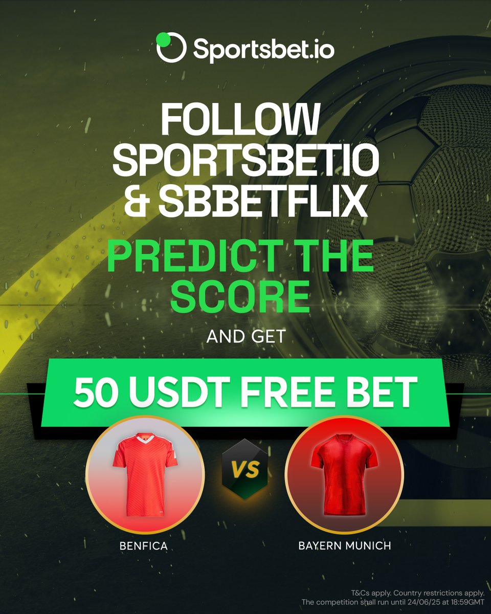 Sportsbetio's tweet image. 🚨 𝟱 x 𝟱𝟬 𝗨𝗦𝗗𝗧 𝗙𝗿𝗲𝗲 𝗕𝗲𝘁𝘀 𝗨𝗽 𝗳𝗼𝗿 𝗚𝗿𝗮𝗯𝘀! 🚨
Here’s your chance to win a free bet during the #FIFACWC ⚽

How to Enter:
✅ Follow @Sportsbetio &amp;amp; @SbBetflix 
🤔 Predict the score &amp;amp; tag a friend 
🔄 Repost for an extra chance to win

Five winners will be…