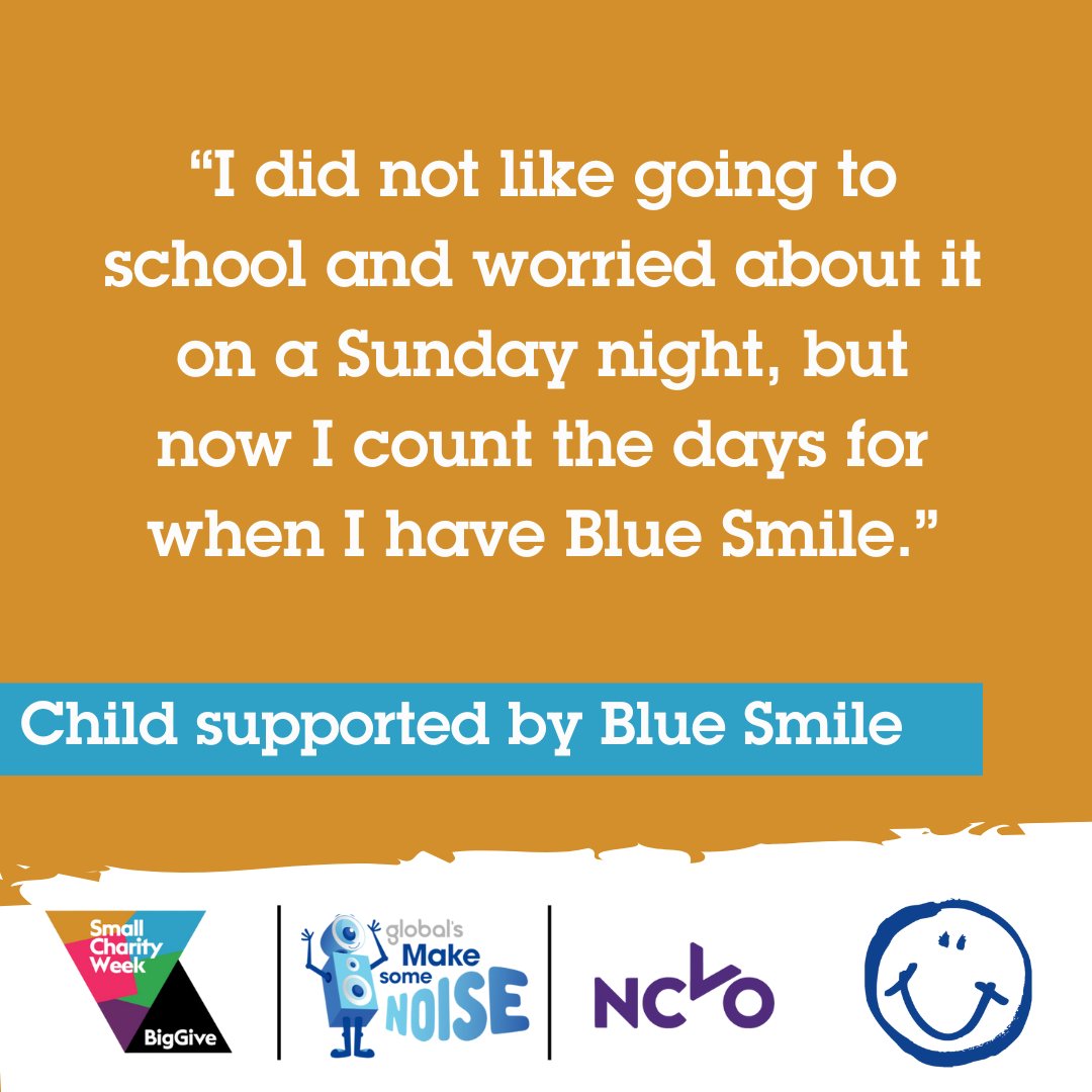 Blue Smile (@bluesmilecam) on Twitter photo "I did not like going to school and worried about it on a Sunday night, but now I count the days for when I have Blue Smile."
You can help turn Sunday worries into excitement for school. Donate now to make double the difference:
donate.biggive.org/campaign/a05WS…
<a href="/BigGive/">Big Give</a> <a href="/makenoise/">Global's Make Some Noise</a> <a href="/NCVO/">NCVO</a> "I did not like going to school and worried about it on a Sunday night, but now I count the days for when I have Blue Smile."
You can help turn Sunday worries into excitement for school. Donate now to make double the difference:
donate.biggive.org/campaign/a05WS…
<a href="/BigGive/">Big Give</a> <a href="/makenoise/">Global's Make Some Noise</a> <a href="/NCVO/">NCVO</a>