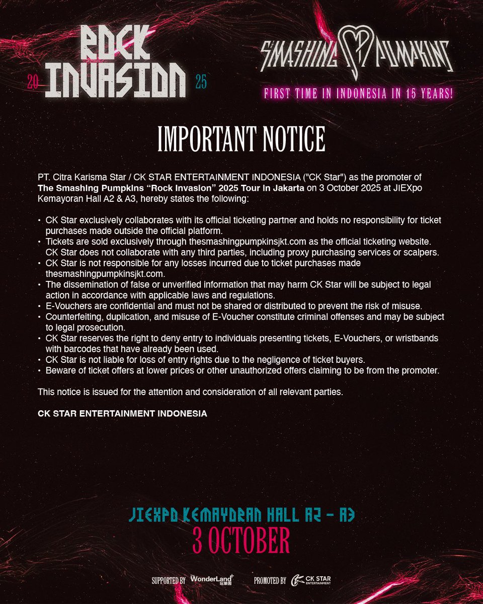 CK Star Entertainment ID๐ฎ๐ฉ (@ckstarid) on Twitter photo ๐๐๐๐๐๐๐๐๐ ๐๐๐๐๐๐
Please Read Carefully.
CK Star Entertainment is not affiliated with any resellers. Always purchase tickets through authorized channels to ensure validity.
This show is proudly promoted by <a href="/ckstarid/">CK Star Entertainment ID๐ฎ๐ฉ</a> โ
#TheSmashingPumpkins #TheSmashingPumpkinsinJKT ๐๐๐๐๐๐๐๐๐ ๐๐๐๐๐๐
Please Read Carefully.
CK Star Entertainment is not affiliated with any resellers. Always purchase tickets through authorized channels to ensure validity.
This show is proudly promoted by <a href="/ckstarid/">CK Star Entertainment ID๐ฎ๐ฉ</a> โ
#TheSmashingPumpkins #TheSmashingPumpkinsinJKT