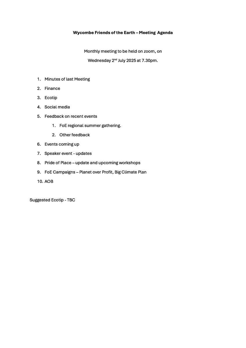 We meet monthly in High Wycombe to discuss local and global issues. Do you have any environmental concerns? Tell us about them. Next meeting is 2nd July at 7.30pm. Go here for venue &amp; map: wycombefoe.org.uk/contact-us
Agenda below...