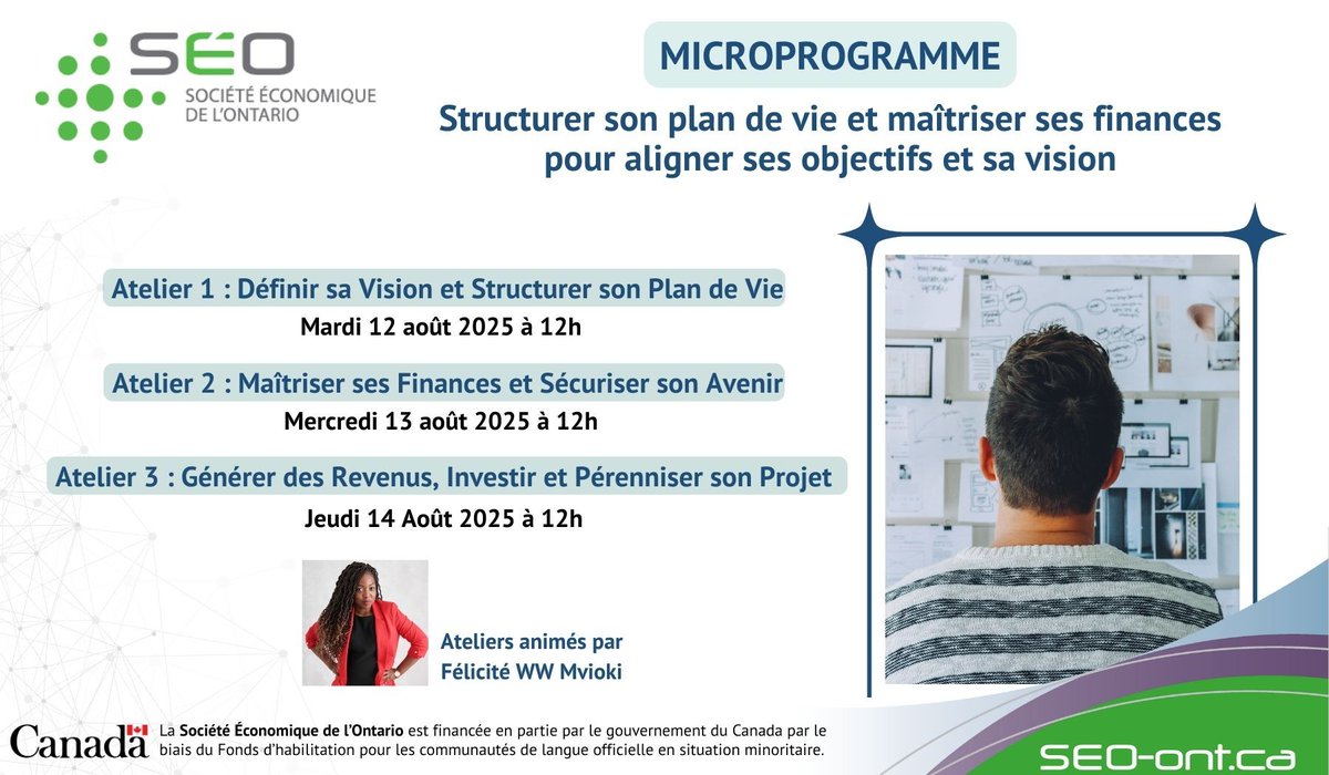 📢 Entrepreneurs francophones : alignez vision, finances et stratégie !

Participez au microprogramme virtuel du 12 au 14 août avec Félicité WW Mvioki 
✔️ Plan de vie
✔️ Finances
✔️ Revenus &amp; pérennité

Inscription gratuite 👉 buff.ly/ZDQobB4

#Entrepreneuriat #SÉO