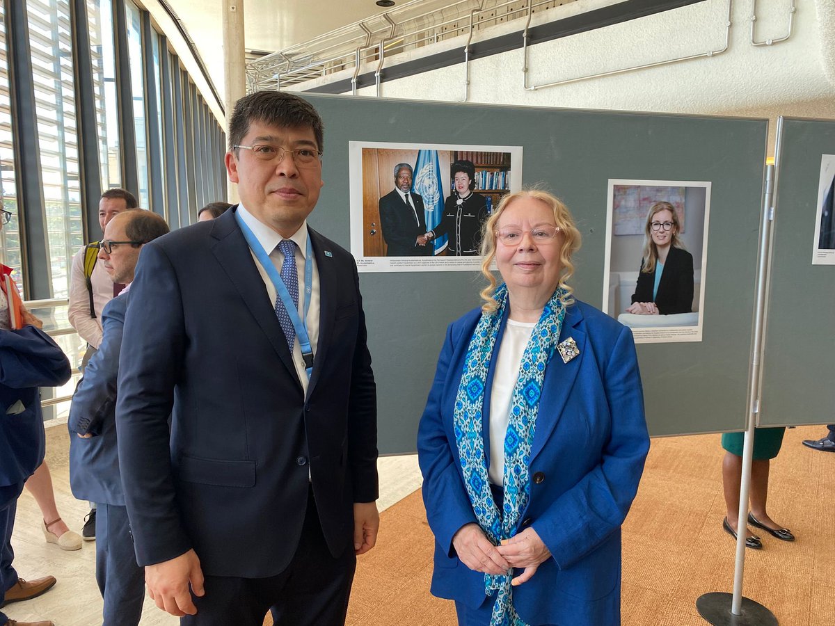KazakhPM_UNOG's tweet photo. 🇰🇿 Proud to contribute to the "Not a Woman's Job?" exhibition at @UNGeneva, showcasing Amb. Akmaral Arystanbekova, Kazakhstan’s 1st PR to the UN, &amp; Amb. Madina Jarbussynova, former PR &amp; current @CEDAW member. Honored to welcome Amb. Jarbussynova at the opening! #WomenInDiplomacy https://t.co/kpuY7OcFrG