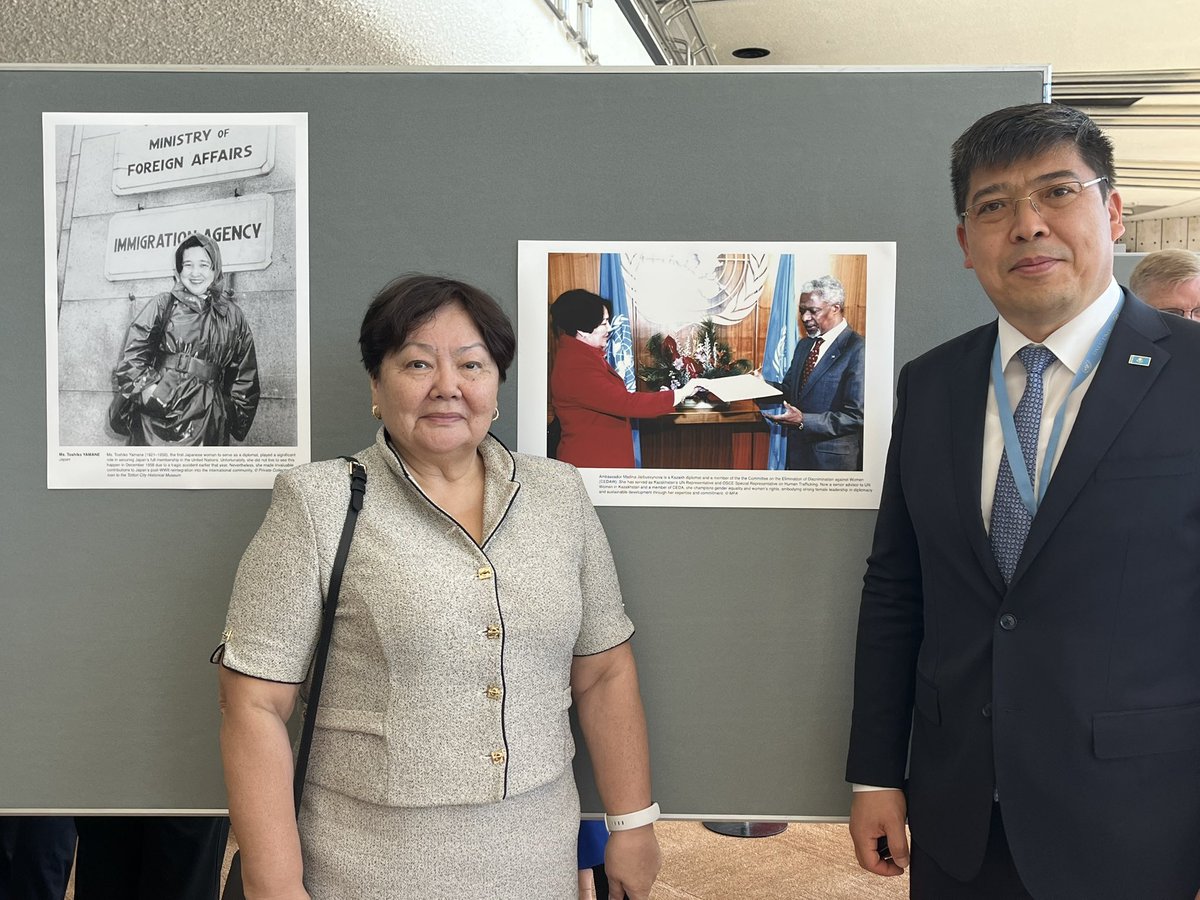 KazakhPM_UNOG's tweet photo. 🇰🇿 Proud to contribute to the "Not a Woman's Job?" exhibition at @UNGeneva, showcasing Amb. Akmaral Arystanbekova, Kazakhstan’s 1st PR to the UN, &amp; Amb. Madina Jarbussynova, former PR &amp; current @CEDAW member. Honored to welcome Amb. Jarbussynova at the opening! #WomenInDiplomacy https://t.co/kpuY7OcFrG