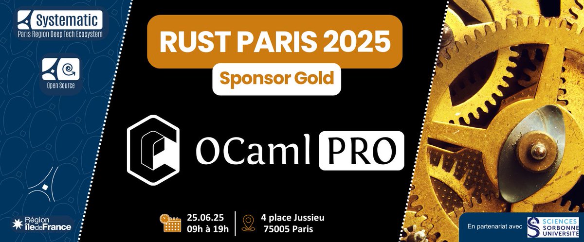 OCamlPro (@ocamlpro) on Twitter photo #RustParis2025 DEMAIN ! 100% retours industriels #Rust🦀
Programme : Embarqué, #Cybersécurité, Vérification formelle, Cloud #WebAssembly, OS
Merci aux sponsors : Gold <a href="/OCamlPro/">OCamlPro</a> <a href="/thalesgroup/">Thales Group</a> Silver <a href="/AdaCoreCompany/">AdaCore | Ada/C/C++ tools for critical software</a> <a href="/cenotelie/">Cénotélie</a> <a href="/zettascaletech/">ZettaScale</a>
Inscription : rustparis.fr #RustParis2025 DEMAIN ! 100% retours industriels #Rust🦀
Programme : Embarqué, #Cybersécurité, Vérification formelle, Cloud #WebAssembly, OS
Merci aux sponsors : Gold <a href="/OCamlPro/">OCamlPro</a> <a href="/thalesgroup/">Thales Group</a> Silver <a href="/AdaCoreCompany/">AdaCore | Ada/C/C++ tools for critical software</a> <a href="/cenotelie/">Cénotélie</a> <a href="/zettascaletech/">ZettaScale</a>
Inscription : rustparis.fr