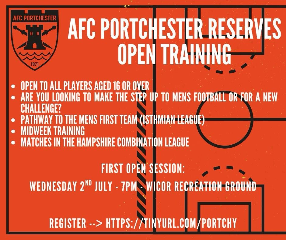 The first open training session for our reserves side is happening next week.

All are welcome - great opportunity if you are looking to step up into men’s football or looking for a new challenge.

Details in graphic. Click link to register your interest:

tinyurl.com/portchy