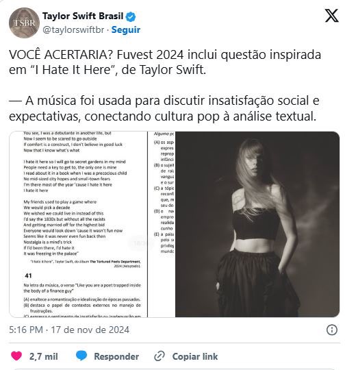 guiltyasmy's tweet photo. a mesma “letra racista” que voce fala, foi usada como questao de interpretação no vestibular da FUVEST pra pegar jumento igual voce https://t.co/HQXROSrvZB