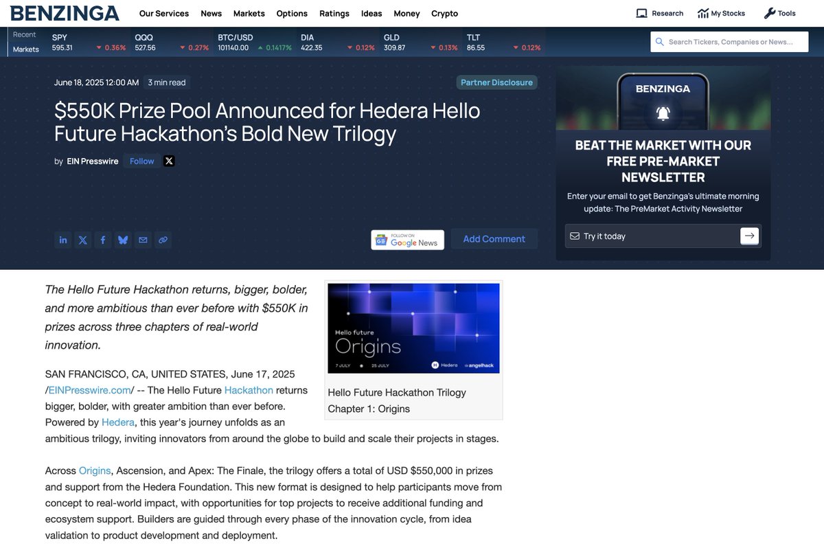 We’re excited to share that the <a href="/hedera/">Hedera</a> Hello Future Hackathon is featured on Benzinga! 🎉📰

Kicking off with Origins, the first chapter in a groundbreaking three-part hackathon trilogy, this is your chance to build the future using Hedera’s fast, secure, and sustainable