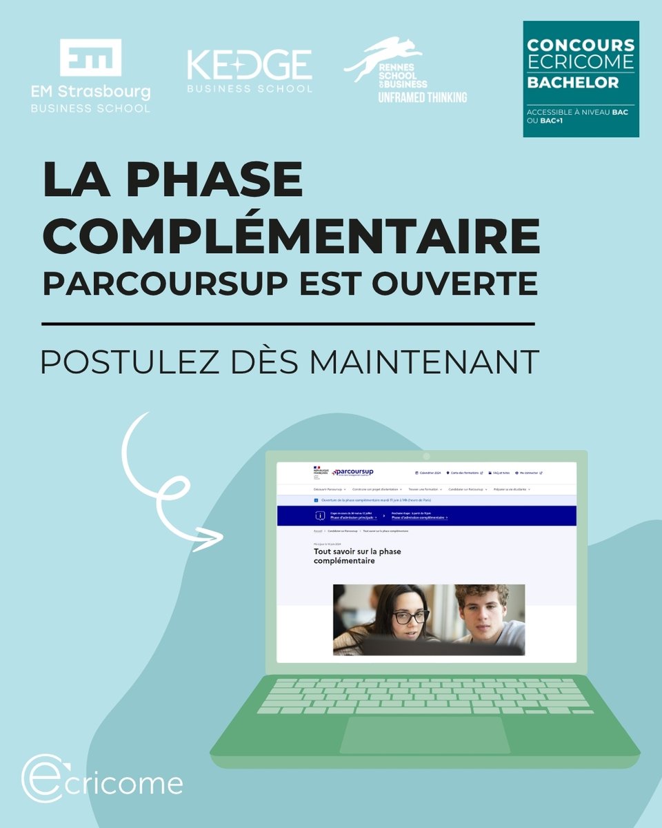 Concours Ecricome (@ecricome) on Twitter photo La phase complémentaire Parcoursup est ouverte !
Postulez dès maintenant afin d'intégrer le Programme Bachelor d’une de nos 3 écoles membres :
✦ <a href="/EMStrasbourg/">EM Strasbourg (FR)</a>
✦ <a href="/KedgeBS/">KEDGE Business School</a>
✦ <a href="/RennesSB/">Rennes SB</a>
Pour en savoir plus, consultez notre article dédié : ecricome.org/participez-a-l… La phase complémentaire Parcoursup est ouverte !
Postulez dès maintenant afin d'intégrer le Programme Bachelor d’une de nos 3 écoles membres :
✦ <a href="/EMStrasbourg/">EM Strasbourg (FR)</a>
✦ <a href="/KedgeBS/">KEDGE Business School</a>
✦ <a href="/RennesSB/">Rennes SB</a>
Pour en savoir plus, consultez notre article dédié : ecricome.org/participez-a-l…